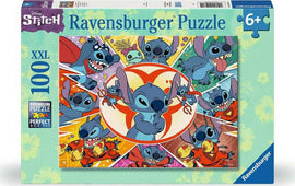 Ravensburger Stitch 100-piece jigsaw puzzle featuring colorful illustrations of the character Stitch and his adventures. The box is designed for ages 6 and up, showcasing vibrant imagery perfect for puzzle enthusiasts and Disney fans.