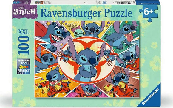 Ravensburger Stitch 100-piece jigsaw puzzle featuring colorful illustrations of the character Stitch and his adventures. The box is designed for ages 6 and up, showcasing vibrant imagery perfect for puzzle enthusiasts and Disney fans.