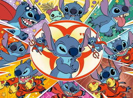 Ravensburger 100-piece jigsaw puzzle featuring Stitch from Disney, showcasing various fun and playful poses of the character in vibrant colors and dynamic backgrounds. Perfect for fans of all ages who enjoy engaging puzzles with beloved animated characters.
