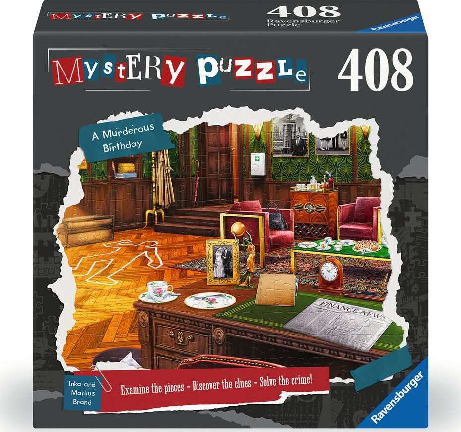 A Murderous Birthday jigsaw puzzle by Ravensburger, featuring an intricate mystery scene set in an elegant room. The image showcases a wooden floor, a spacious room filled with vintage furniture, including red chairs and a desk adorned with various items. The puzzle encourages players to examine clues, solve the mystery, and piece together the storyline in this engaging 408-piece challenge.