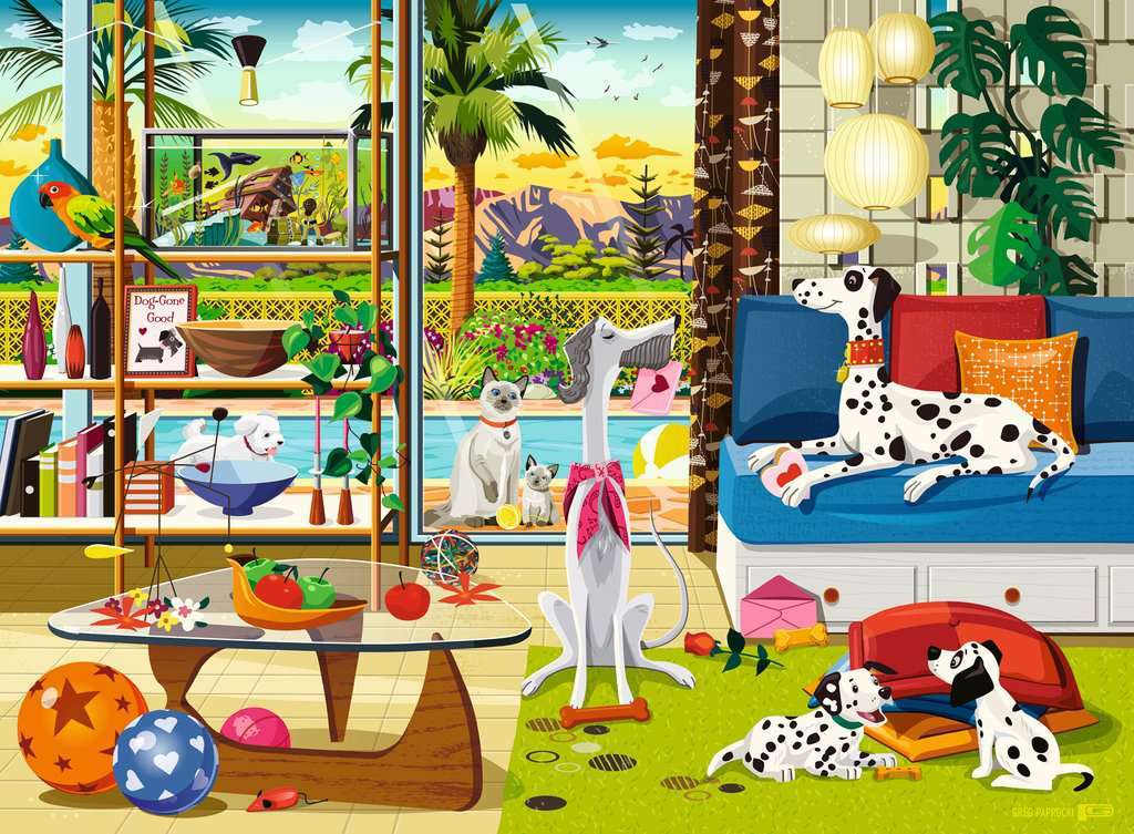 A vibrant and colorful jigsaw puzzle illustration titled 'Pets of Palm Springs' by Ravensburger, featuring various playful dogs and a cat in a cheerful indoor setting with palm trees and mountains in the background. The living space is filled with playful decor, including a table with fruits, colorful balls, and cozy furniture accented with cushions. The scene radiates warmth and joy, capturing a lively pet-friendly atmosphere.