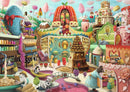 A vibrant jigsaw puzzle illustration titled 'Sweet Street' by Ravensburger. The scene depicts a whimsical, colorful candy-themed village filled with delightful buildings shaped like sweets, such as cakes, donuts, and ice cream. Various adorable animal characters are engaging in playful activities amidst the cheerful landscape, adorned with candy trees and playful elements, inviting puzzle enthusiasts to immerse themselves in this sugary fantasy.