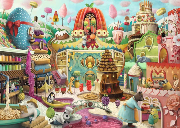 A vibrant jigsaw puzzle illustration titled 'Sweet Street' by Ravensburger. The scene depicts a whimsical, colorful candy-themed village filled with delightful buildings shaped like sweets, such as cakes, donuts, and ice cream. Various adorable animal characters are engaging in playful activities amidst the cheerful landscape, adorned with candy trees and playful elements, inviting puzzle enthusiasts to immerse themselves in this sugary fantasy.