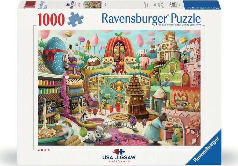 Ravensburger Sweet Street jigsaw puzzle featuring a whimsical scene filled with colorful desserts, whimsical characters, and imaginative candy landscapes. The image includes various kinds of sweets, cakes, and playful animals interacting in a vibrant, joyful setting. The puzzle has 1000 pieces and is suitable for all ages.