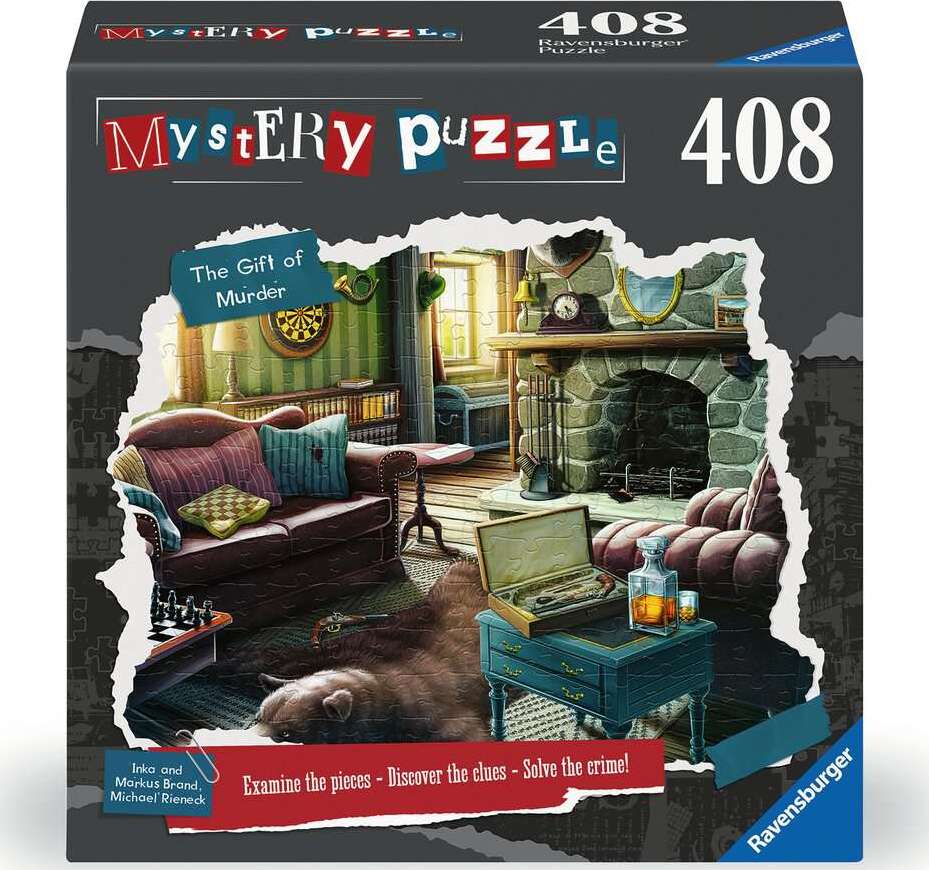 The Gift of Murder jigsaw puzzle by Ravensburger, featuring a cozy living room scene with a detective theme. The image includes a chess set, a plush sofa with colorful cushions, and an open chest displaying various clues, inviting players to examine pieces, discover clues, and solve a mystery.