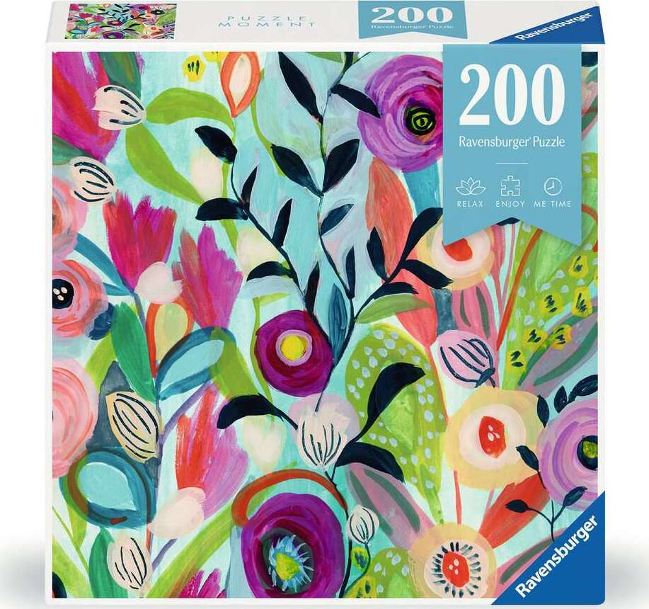 Watercolor Bouquet jigsaw puzzle by Ravensburger featuring a vibrant arrangement of colorful flowers and leafy greens illustrated in a cheerful, artistic style. The puzzle consists of 200 pieces and is designed to provide a relaxing and enjoyable activity for individuals or families.