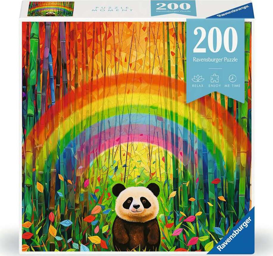 The Ravensburger Bamboo Panda jigsaw puzzle box featuring a colorful illustration of a panda amidst vibrant bamboo and a rainbow backdrop. The design includes bright leaves, creating a cheerful and relaxing scene. The box states that it contains 200 pieces and promotes relaxation and enjoyable puzzle moments.