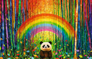 A colorful jigsaw puzzle featuring a cheerful panda in a vibrant bamboo forest. The scene includes a bright rainbow arching across the sky and lush foliage with various leaves, creating an inviting and whimsical atmosphere.