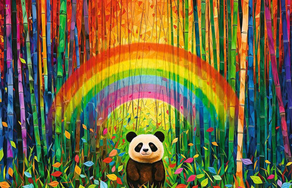 A colorful jigsaw puzzle featuring a cheerful panda in a vibrant bamboo forest. The scene includes a bright rainbow arching across the sky and lush foliage with various leaves, creating an inviting and whimsical atmosphere.