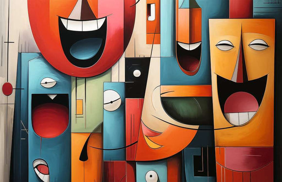 A vibrant and colorful jigsaw puzzle titled 'Island Surf' by Ravensburger, featuring abstract, smiling faces and playful geometric shapes in bold colors like red, orange, blue, and green.