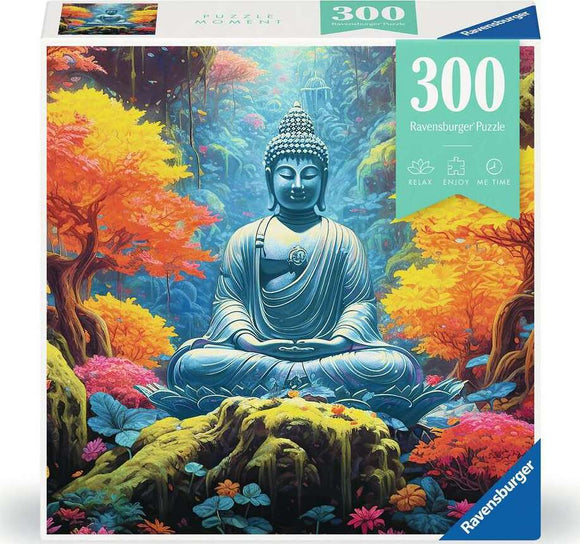 Ravensburger jigsaw puzzle titled 'Peace' featuring a serene Buddha surrounded by vibrant autumn trees and lush foliage. The puzzle contains 300 pieces, promoting relaxation and mindfulness during assembly.