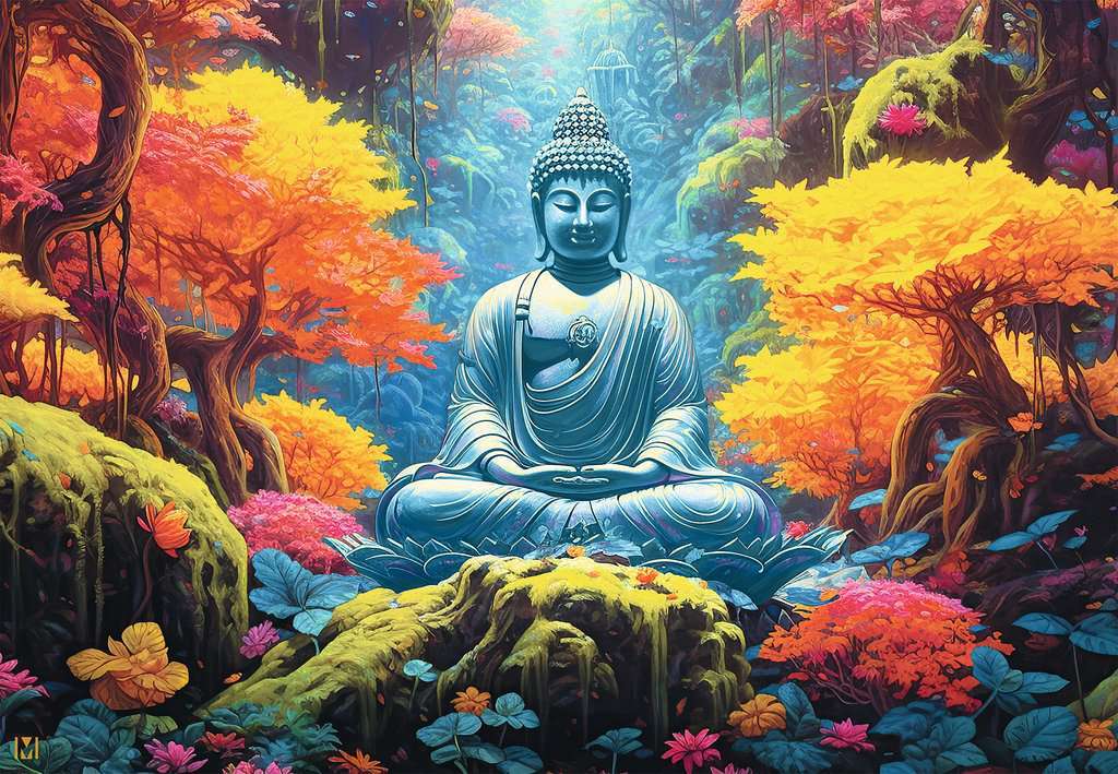 A beautifully illustrated jigsaw puzzle titled 'Peace' by Ravensburger, depicting a serene Buddha statue surrounded by vibrant, multicolored trees and lush greenery, creating a tranquil scene that inspires calm and mindfulness.