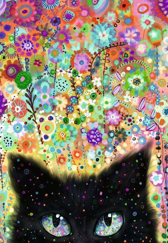 A colorful jigsaw puzzle featuring a whimsical black cat with large bright eyes, surrounded by an explosion of vivid flowers and colorful abstract patterns. The artwork showcases a kaleidoscope of colors, making it visually appealing and perfect for puzzle enthusiasts.