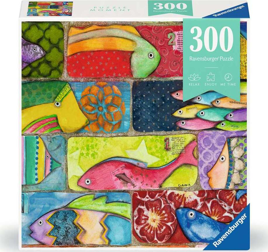 A Ravensburger jigsaw puzzle titled 'Splashy Fish Tiles' featuring a vibrant assortment of fish designs set against colorful background tiles. The puzzle contains 300 pieces and promotes relaxation and enjoyment. The packaging shows the lively illustrations which include various styles and colors of fish alongside floral patterns.