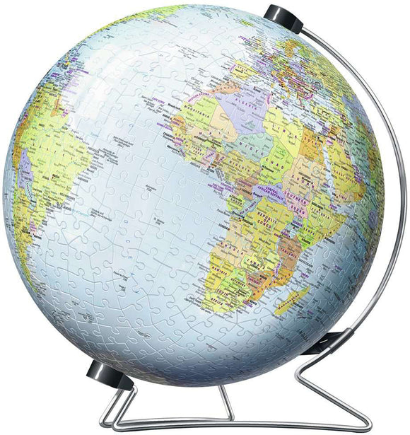 The Earth 3D jigsaw puzzle by Ravensburger showcases a detailed, colorful globe design made up of 540 pieces, highlighting the continents and oceans intricately for a fun and educational experience.