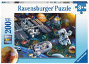 Ravensburger Cosmic Exploration 200-piece jigsaw puzzle featuring a vibrant space scene with planets, an astronaut, and spacecraft. Perfect for ages 8 and up, this premium puzzle promises hours of engaging fun.