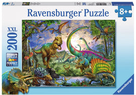 Ravensburger 200-piece jigsaw puzzle titled 'Realm of the Giants'. The puzzle features a vibrant prehistoric scene with dinosaurs including a Tyrannosaurus Rex and colorful flying reptiles in a lush environment. Packed in a box designed for ages 8 and up.