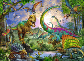A vibrant jigsaw puzzle illustration featuring a prehistoric scene with various dinosaurs, including a roaring T-Rex, a colorful Brachiosaurus, and a Triceratops, surrounded by lush greenery and a waterfall. The image showcases a rich array of colors and details, capturing the essence of the 'Realm of the Giants'.
