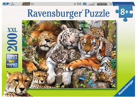 Ravensburger Big Cat Nap 200 pc Jigsaw Puzzle packaging featuring a vivid illustration of various big cats, including lions, tigers, and leopards, surrounded by lush greenery and butterflies. The box emphasizes 'Premium Puzzle' and 'Perfect Age Fit', suitable for ages 8 and up.