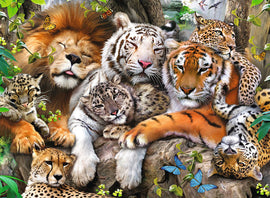 A colorful jigsaw puzzle featuring a montage of big cats relaxing together in a lush, green environment. The puzzle showcases a majestic lion, various tigers, and leopards lounging among vibrant foliage and butterflies. Ideal for animal lovers and puzzle enthusiasts alike.