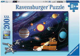 The Solar System 200 pc Puzzle by Ravensburger features a vibrant illustration of the solar system, including the Sun, planets, and spacecraft in a cosmic background. It's designed for ages 8 and up, with high-quality pieces for a perfect fit.