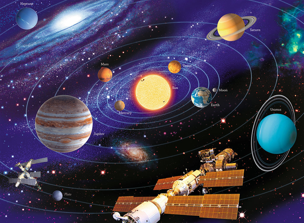 Ravensburger The Solar System 200 pc Jigsaw Puzzle featuring a colorful illustration of planets, the Sun, and a spaceship in a vibrant cosmic scene.