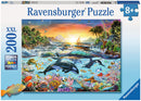 Orca Paradise 200-piece jigsaw puzzle by Ravensburger featuring a vibrant underwater scene with orcas, colorful fish, and a tropical landscape. Ideal for ages 8 and up.
