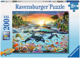 Orca Paradise 200-piece jigsaw puzzle by Ravensburger featuring a vibrant underwater scene with orcas, colorful fish, and a tropical landscape. Ideal for ages 8 and up.