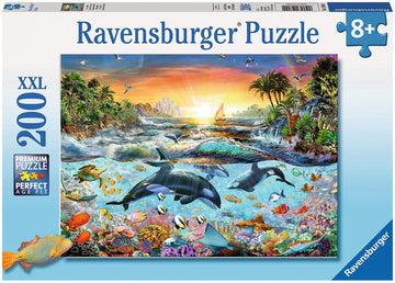 Orca Paradise 200-piece jigsaw puzzle by Ravensburger featuring a vibrant underwater scene with orcas, colorful fish, and a tropical landscape. Ideal for ages 8 and up.