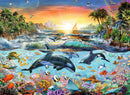 Ravensburger Orca Paradise 200-piece jigsaw puzzle depicting a vibrant underwater scene with orcas, sea turtles, tropical fish, and colorful coral reefs, along with a beautiful sunset and lush palm trees above the water. Perfect for ocean lovers and puzzle enthusiasts.