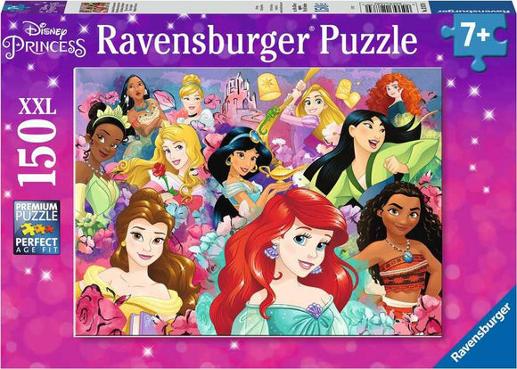 Disney Princesses jigsaw puzzle featuring 150 pieces. The puzzle showcases popular princesses including Ariel, Belle, Mulan, and Moana in vibrant colors. Perfect for ages 7 and up, this Ravensburger puzzle promises an engaging and fun experience for fans of Disney characters.