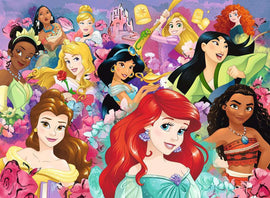 Colorful jigsaw puzzle featuring Disney Princesses, including Ariel, Belle, Tiana, Moana, Merida, Mulan, and others, surrounded by flowers and whimsical elements.