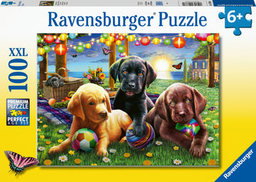 A colorful 100-piece jigsaw puzzle featuring three adorable puppies playing with balls in a sunny picnic setting. The background includes vibrant flowers, trees, and a sunset near a cozy picnic basket, creating a joyful and inviting scene.