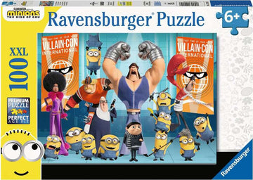 Minions 2: Rise of Gru Jigsaw Puzzle by Ravensburger featuring colorful characters from the movie including various Minions and the main villain. The puzzle contains 100 pieces and is suitable for ages 6+. The vibrant design showcases a fun scene at Villain-Con International.