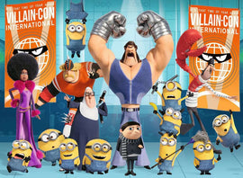 Colorful Minions 2: Rise of Gru themed jigsaw puzzle by Ravensburger featuring iconic characters gathered at Villain-Con. The design showcases Gru, various Minions, and other colorful characters against a backdrop of villain-themed banners.