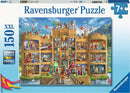 Cutaway Castle 150-piece jigsaw puzzle by Ravensburger, featuring a colorful illustration of a detailed castle interior with characters engaging in various activities, set against a beautiful mountain backdrop. Perfect for ages 7 and up.