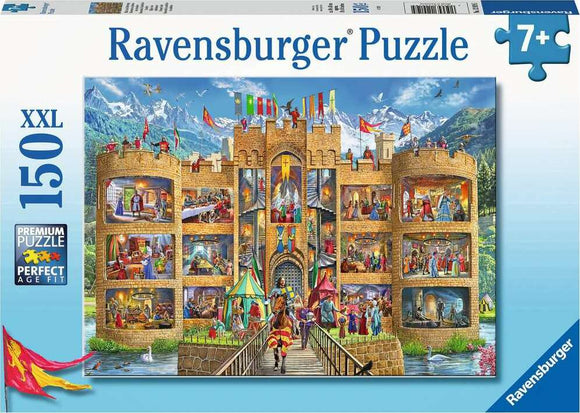 Cutaway Castle 150-piece jigsaw puzzle by Ravensburger, featuring a colorful illustration of a detailed castle interior with characters engaging in various activities, set against a beautiful mountain backdrop. Perfect for ages 7 and up.
