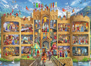 A colorful 150-piece jigsaw puzzle depicting a detailed cutaway view of a medieval castle. The illustration features various scenes from castle life, including knights, royalty, and festivities, all set against a backdrop of mountains and blue skies. Characters are shown in multiple activities, capturing the vibrant atmosphere of a historic castle.