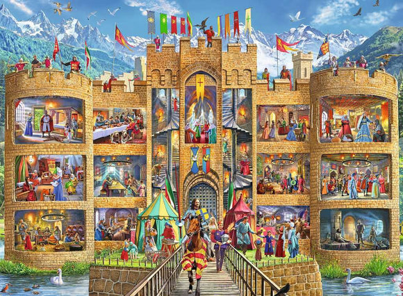 A colorful 150-piece jigsaw puzzle depicting a detailed cutaway view of a medieval castle. The illustration features various scenes from castle life, including knights, royalty, and festivities, all set against a backdrop of mountains and blue skies. Characters are shown in multiple activities, capturing the vibrant atmosphere of a historic castle.