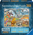 The Ravensburger jigsaw puzzle titled 'Amusement Park Plight Escape 3' features a vibrant scene of a funfair, complete with a roller coaster, colorful balloons, and amusing characters like a corn-themed figure and a panda. The illustration captures the whimsical essence of an amusement park with attractions like 'Crazy Cups' and 'Round and Round,' inviting puzzle enthusiasts aged 9 and up to enjoy a challenging experience.