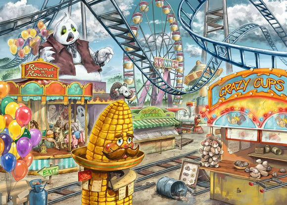 A vibrant illustration of an amusement park featuring a colorful jigsaw puzzle scene. The left side shows a cozy carousel with ornate horses, a ghostly figure in a suit, and bright balloons. The center features a whimsical character styled as a corn cob with a mustache, next to a food stall. The background boasts a towering roller coaster and a Ferris wheel, creating an atmosphere of fun and excitement.