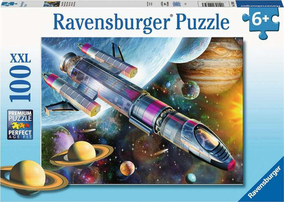 Ravensburger 'Mission in Space' 100-piece jigsaw puzzle featuring a vivid illustration of a spacecraft traveling through space, surrounded by planets, stars, and a colorful cosmic backdrop. Suitable for ages 6 and up.