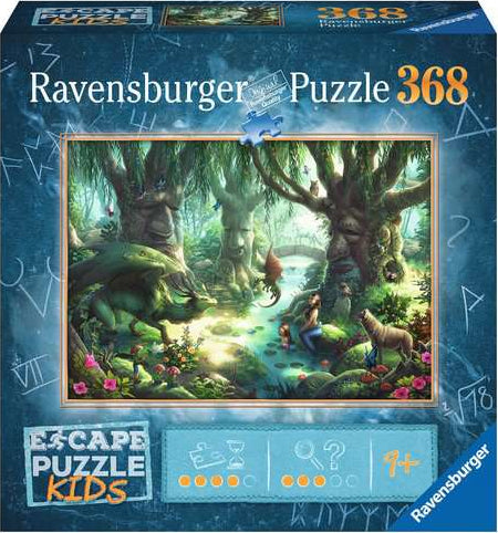 Whispering Woods Escape 368-piece jigsaw puzzle by Ravensburger, featuring a magical forest scene with whimsical creatures, a serene river, and lush greenery, designed for ages 9 and up. The box art showcases vibrant colors and intricate details, inviting puzzle enthusiasts to explore this enchanting setting.