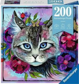Ravensburger 200-piece jigsaw puzzle featuring a beautifully illustrated cat with striking blue eyes surrounded by colorful flowers and butterflies. Perfect for relaxation and enjoyable family time.
