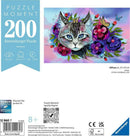 A 200-piece jigsaw puzzle titled 'Cateye' by Ravensburger featuring a beautifully illustrated cat surrounded by colorful flowers and butterflies, perfect for relaxation and enjoyment. The dimensions are 21 x 33 cm, suitable for ages 8 and above.
