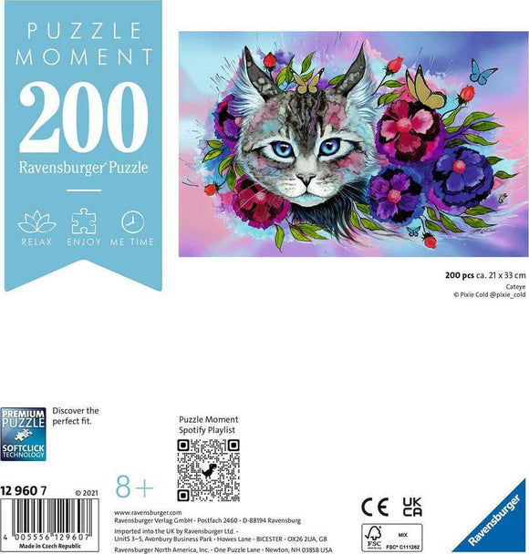 A 200-piece jigsaw puzzle titled 'Cateye' by Ravensburger featuring a beautifully illustrated cat surrounded by colorful flowers and butterflies, perfect for relaxation and enjoyment. The dimensions are 21 x 33 cm, suitable for ages 8 and above.