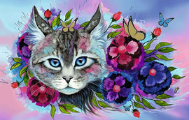 A vibrant and colorful jigsaw puzzle featuring a beautifully illustrated cat with striking blue eyes, surrounded by flowers, butterflies, and a pastel background. The intricate design showcases the artistry and creativity of the puzzle, perfect for cat lovers and puzzle enthusiasts.
