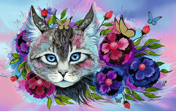 A vibrant and colorful jigsaw puzzle featuring a beautifully illustrated cat with striking blue eyes, surrounded by flowers, butterflies, and a pastel background. The intricate design showcases the artistry and creativity of the puzzle, perfect for cat lovers and puzzle enthusiasts.