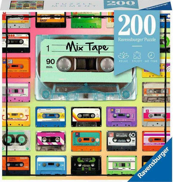 Colorful jigsaw puzzle featuring a collection of vintage cassette tapes. The central piece shows a 'Mix Tape' cassette on a vibrant background. The 200-piece Ravensburger puzzle combines nostalgia and fun for puzzle enthusiasts.