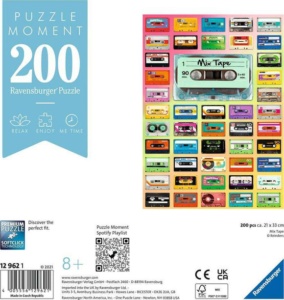 Ravensburger Mix Tape 200 pc Jigsaw Puzzle featuring a vibrant collage of colorful cassette tapes. The central cassette reads 'Mix Tape' with a 90-minute duration. This puzzle, suitable for ages 8 and up, measures approximately 21 x 33 cm and encourages relaxation and creative enjoyment.